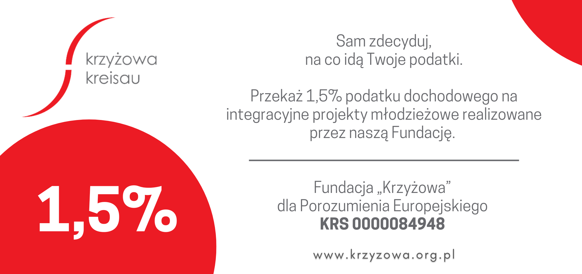 Przekaż 1,5% Fundacji „Krzyżowa” KRS: 0000084948